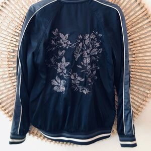 Navy blue satin embroidered varsity bomber jacket